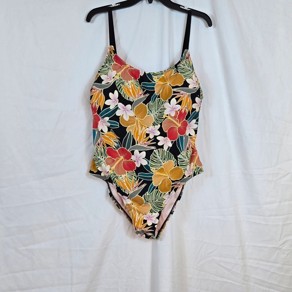 Hurley Women Black Multicolor Hawaiian Tropical Print One Piece Swimsuit XXL NEW
